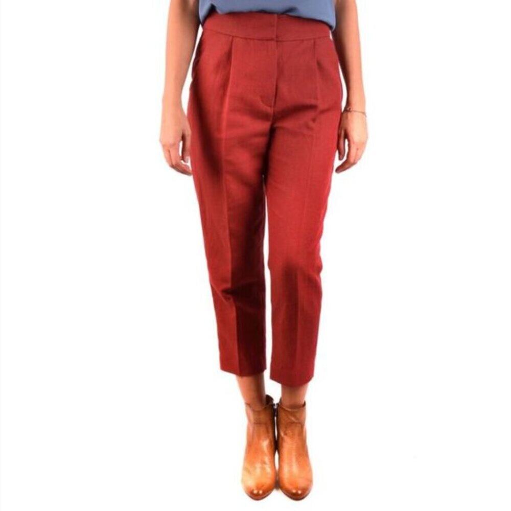Brunello Cucinelli Red Linen Blend Tapered Leg High Rise Pleated Trousers Size 0